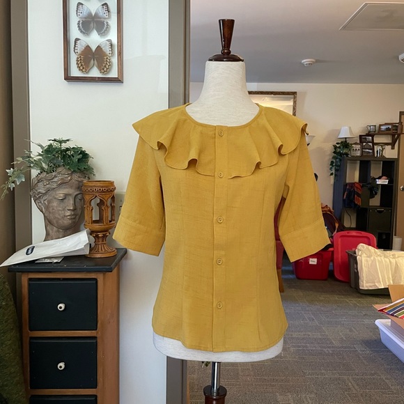 Voodoo Vixen Tops - Voodoo Vixen Mustard Flutter Collar Blouse